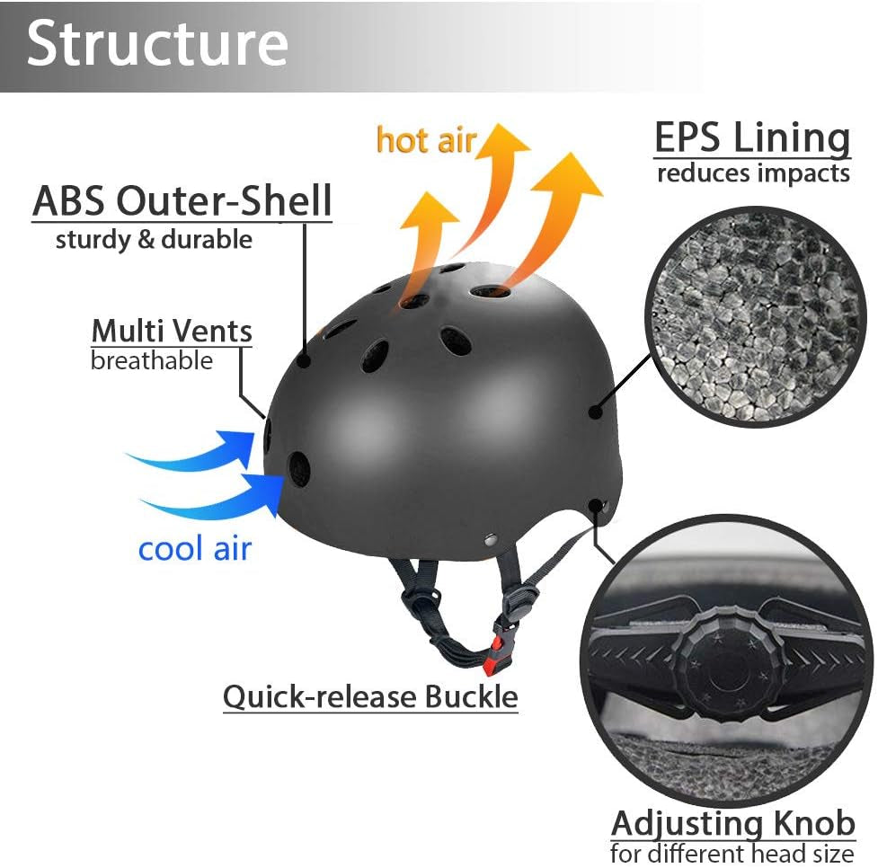 Adjustable Skateboard Skate Helmet with Protective Gear Knee Pads Elbow Pads Wrist Pads for Youth Outdoor Sports, BMX, Skateboard, Scooter, Bike, Roller, Kid'S Protective Gear Set