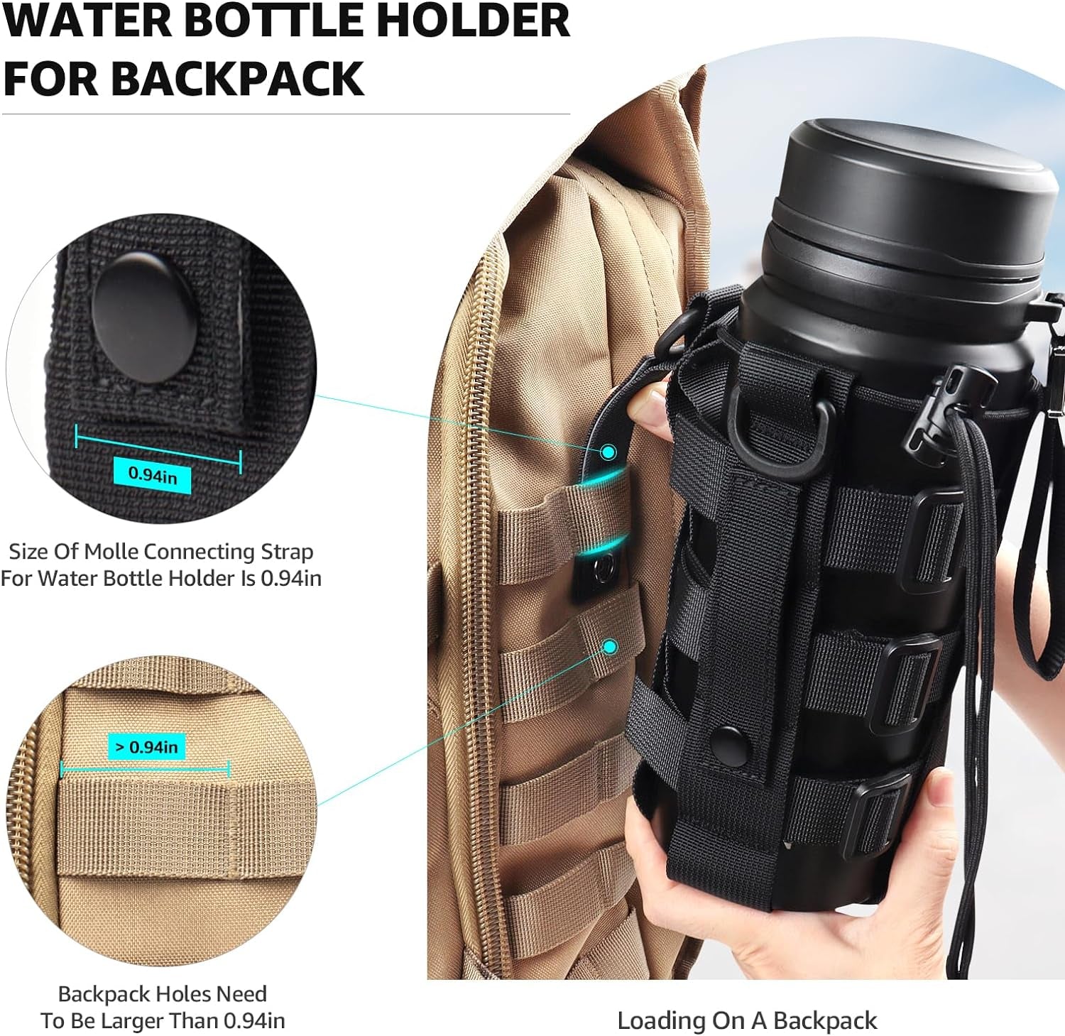 Molle Water Bottle Holder for Backpack,Drawstring Adjustable Straps Molle Pouches for 20 32 36 48 Oz Water Bottle