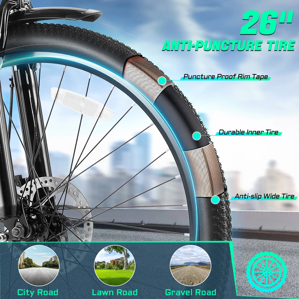 26" Electric Bike for Adults, 500W Electric Commuter Bike 48V 7.8Ah, Shimano 7-Speed, Cruiser City Ebike UL2849