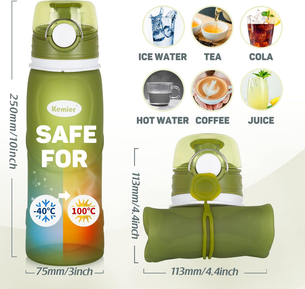 Collapsible Silicone Water Bottles-750Ml,Medical Grade,Bpa Free Travel Water Bottle Can Roll Up,26Oz,Leak Proof Foldable Sports & Outdoor Water Bottles
