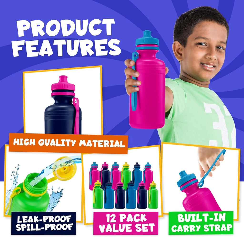 Bulk Water Bottles for Kids - (Pack of 12) 18 Oz - 7.5 Inch Bpa-Free Plastic Water Bottles with Pop-Up Tops & Handles for Summer, Reusable Water Bottles Bulk for School